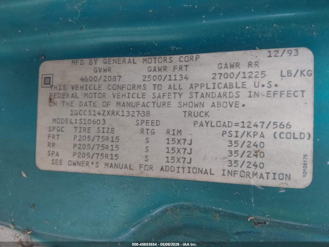 45053854 :رقم المزاد ، 1GCCS14ZXRK132738 vin ، 1994 Chevrolet S Truck S10 مزاد بيع