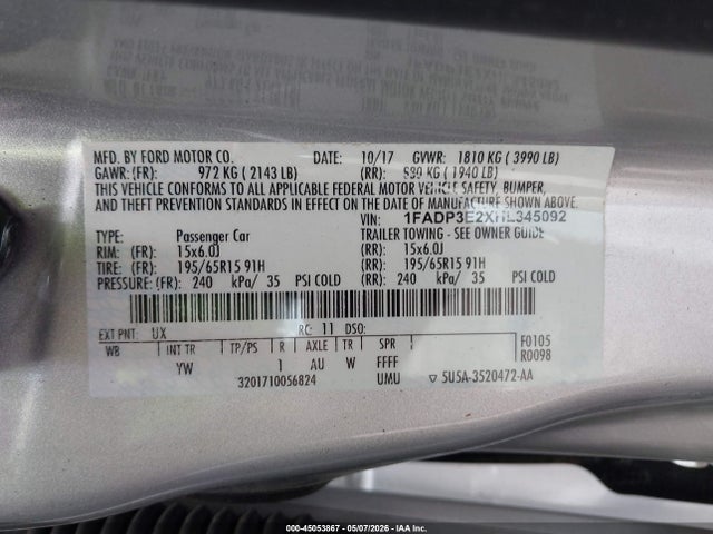Aukcja sprzedaży 2017 Ford Focus S, vin: 1FADP3E2XHL345092, numer aukcji: 45053867