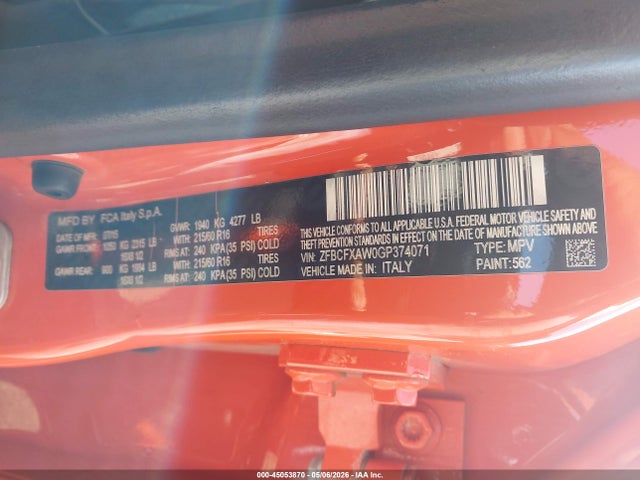 Продаж на аукціоні авто 2016 Fiat 500x Pop, vin: ZFBCFXAW0GP374071, номер лоту: 45053870