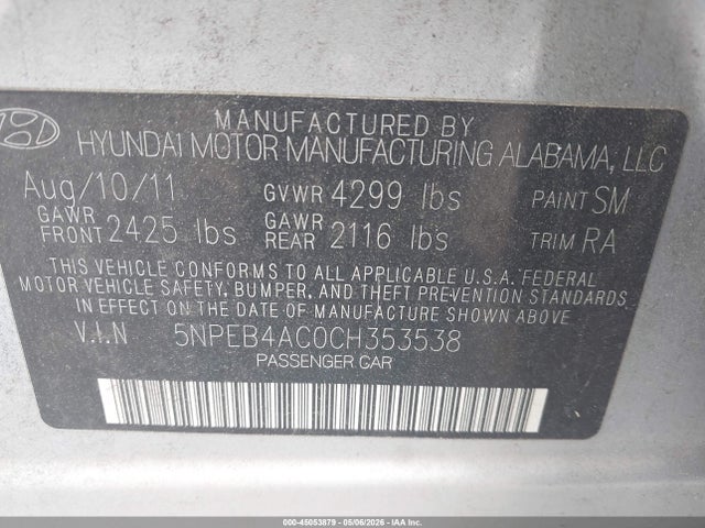 45053879 :رقم المزاد ، 5NPEB4AC0CH353538 vin ، 2012 Hyundai Sonata Gls مزاد بيع
