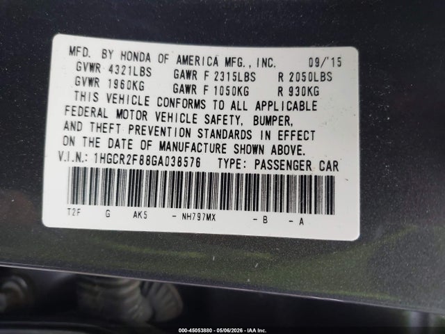 Продаж на аукціоні авто 2016 Honda Accord Ex-l, vin: 1HGCR2F88GA038576, номер лоту: 45053880