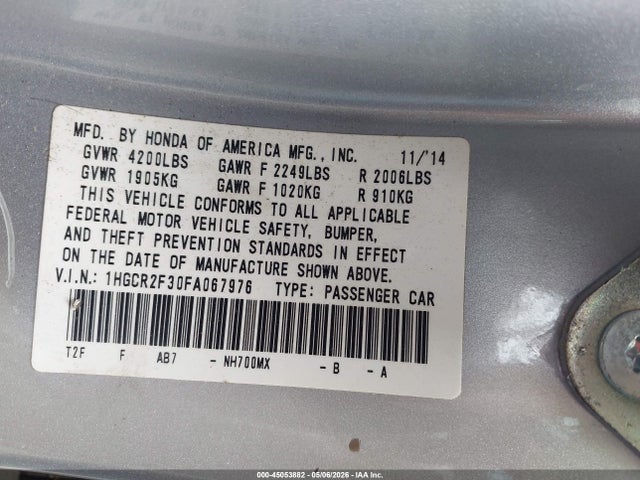 Aukcja sprzedaży 2015 Honda Accord Lx, vin: 1HGCR2F30FA067976, numer aukcji: 45053882