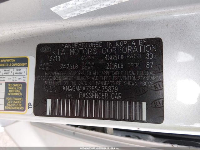 Продаж на аукціоні авто 2014 Kia Optima Lx, vin: KNAGM4A73E5475879, номер лоту: 45053889