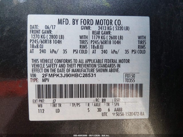 Продаж на аукціоні авто 2017 Ford Edge Sel, vin: 2FMPK3J90HBC28531, номер лоту: 45053895