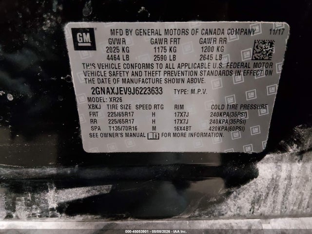 45053901 :رقم المزاد ، 2GNAXJEV9J6223633 vin ، 2018 Chevrolet Equinox Lt مزاد بيع