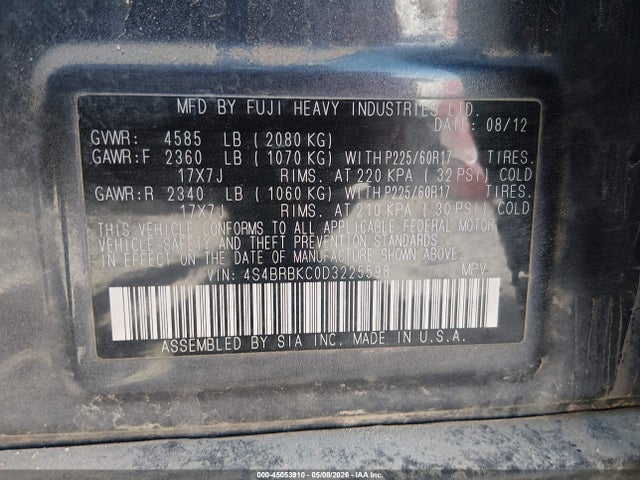 2013 Subaru Outback 2.5i Limited მანქანა იყიდება აუქციონზე, vin: 4S4BRBKC0D3225598, აუქციონის ნომერი: 45053910