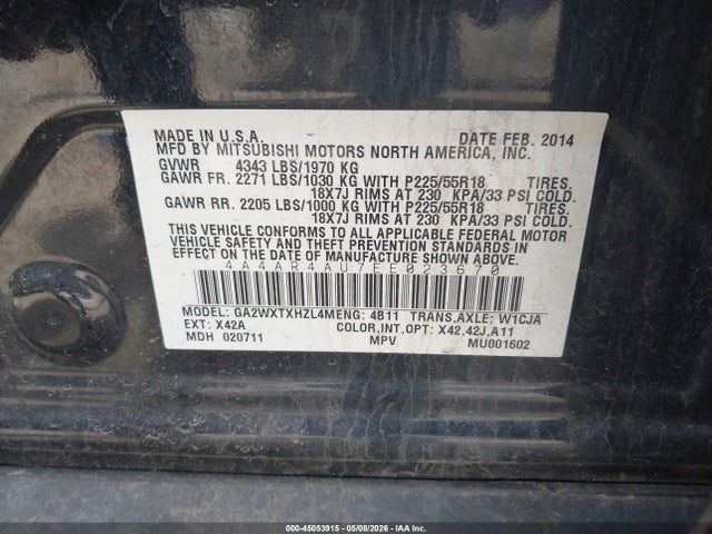 Продаж на аукціоні авто 2014 Mitsubishi Outlander Sport Se, vin: 4A4AR4AU7EE023670, номер лоту: 45053915