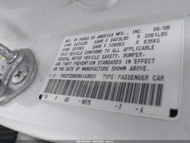Aukcja sprzedaży 2008 Honda Accord 2.4 Ex-l, vin: 1HGCP26808A149601, numer aukcji: 45053920