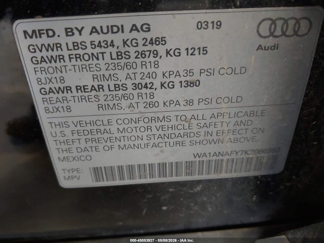45053927 :رقم المزاد ، WA1ANAFY7K2086983 vin ، 2019 Audi Q5 45 Premium مزاد بيع
