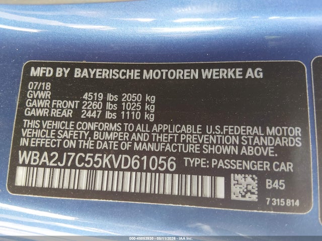 45053930 :رقم المزاد ، WBA2J7C55KVD61056 vin ، 2019 Bmw M240i Xdrive مزاد بيع