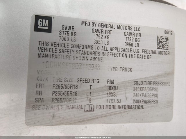 Aukcja sprzedaży 2013 Chevrolet Silverado 1500 Lt, vin: 1GCRKSE78DZ113943, numer aukcji: 45053945