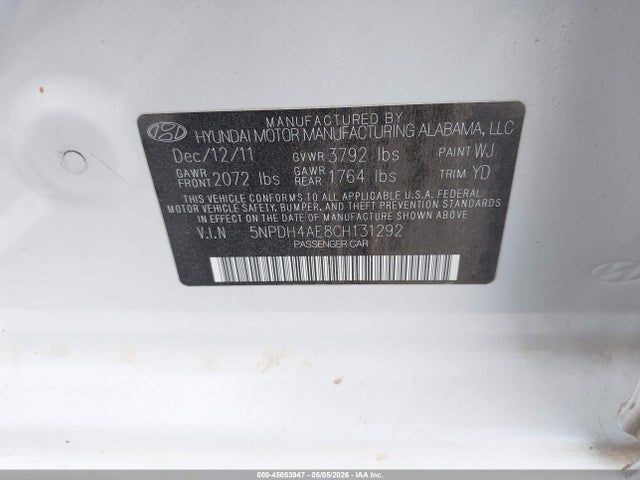 2012 Hyundai Elantra Gls მანქანა იყიდება აუქციონზე, vin: 5NPDH4AE8CH131292, აუქციონის ნომერი: 45053947