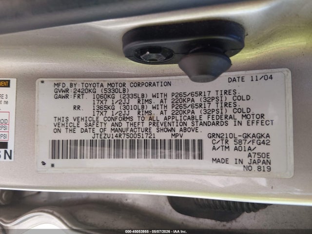 Aukcja sprzedaży 2005 Toyota 4runner Sr5 V6, vin: JTEZU14R750051721, numer aukcji: 45053955
