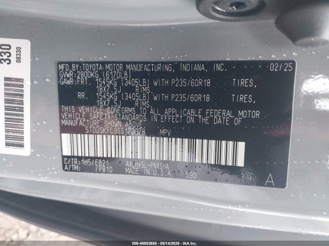 45053958 :رقم المزاد ، 5TDDSKFC9SS173878 vin ، 2025 Toyota Sienna Xse مزاد بيع