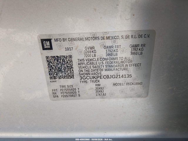 45053960 :رقم المزاد ، 3GCUKPEC0JG214135 vin ، 2018 Chevrolet Silverado 1500 Custom مزاد بيع