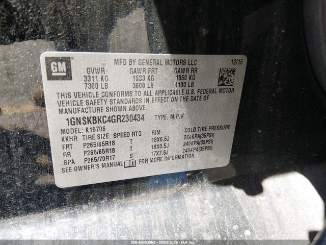 Chevrolet Tahoe Lt 2016 1GNSKBKC4GR230434 Image 9