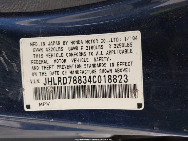 45053966 :رقم المزاد ، JHLRD78834C018823 vin ، 2004 Honda Cr-v Ex مزاد بيع