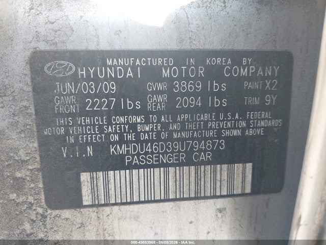 Продажа на аукционе авто 2009 Hyundai Elantra Gls, vin: KMHDU46D39U794873, номер лота: 45053968