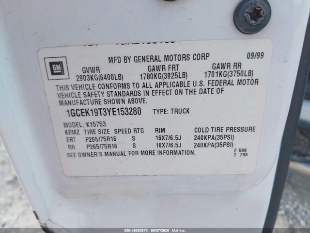 Продаж на аукціоні авто 2000 Chevrolet Silverado 1500 Lt, vin: 1GCEK19T3YE153280, номер лоту: 45053978