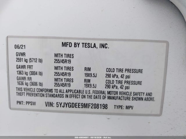 Aukcja sprzedaży 2021 Tesla Model Y Long Range Dual Motor All-wheel Drive, vin: 5YJYGDEE9MF208198, numer aukcji: 45054001