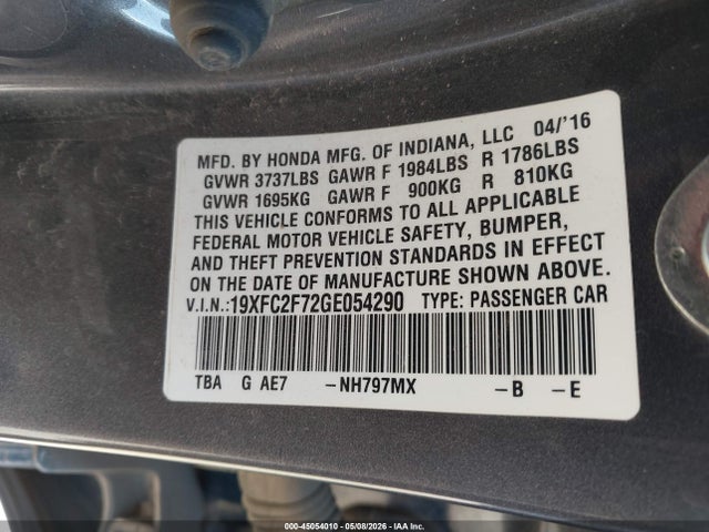 45054010 :رقم المزاد ، 19XFC2F72GE054290 vin ، 2016 Honda Civic Ex مزاد بيع