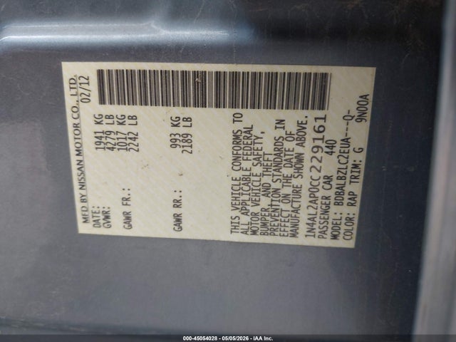 2012 Nissan Altima 2.5 S მანქანა იყიდება აუქციონზე, vin: 1N4AL2AP0CC229161, აუქციონის ნომერი: 45054028