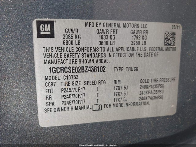 Aukcja sprzedaży 2011 Chevrolet Silverado 1500 Lt, vin: 1GCRCSE02BZ438102, numer aukcji: 45054029
