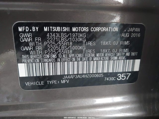 Aukcja sprzedaży 2017 Mitsubishi Outlander Sport 2.0 Es/2.0 Le, vin: JA4AP3AU4HZ000605, numer aukcji: 45054032