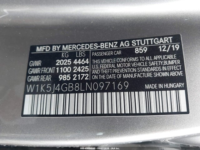 45054049 :رقم المزاد ، W1K5J4GB8LN097169 vin ، 2020 Mercedes-benz Cla 250 مزاد بيع
