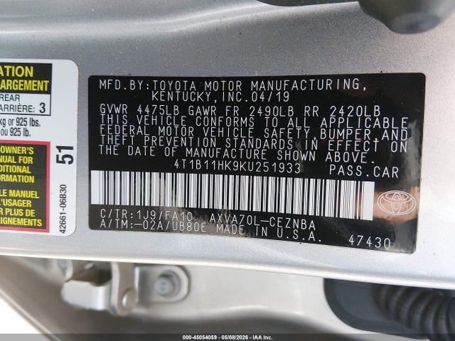 Продажа на аукционе авто 2019 Toyota Camry Le, vin: 4T1B11HK9KU251933, номер лота: 45054059
