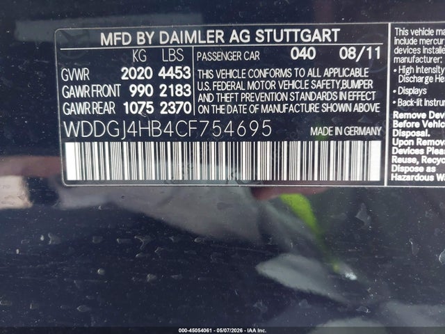 Продажа на аукционе авто 2012 Mercedes-benz C 250, vin: WDDGJ4HB4CF754695, номер лота: 45054061