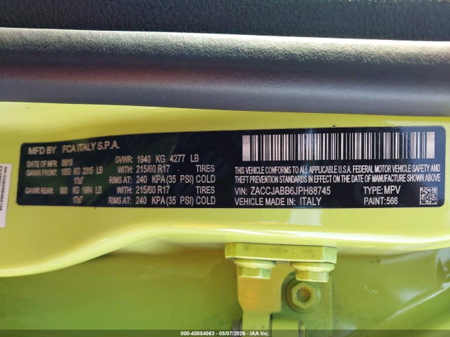 Продажа на аукционе авто 2018 Jeep Renegade Latitude Fwd, vin: ZACCJABB6JPH88745, номер лота: 45054063