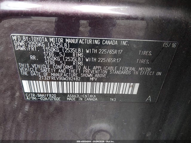 Aukcja sprzedaży 2016 Toyota Rav4 Le, vin: 2T3ZFREV9GW282482, numer aukcji: 45054064