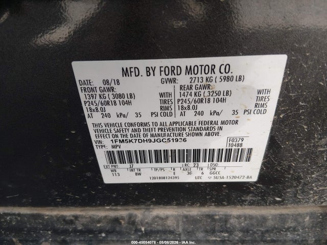 45054078 :رقم المزاد ، 1FM5K7DH9JGC51936 vin ، 2018 Ford Explorer Xlt مزاد بيع