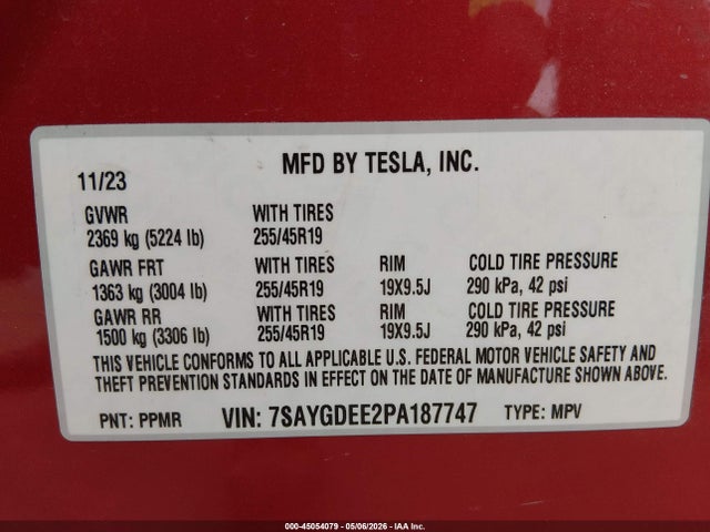 Aukcja sprzedaży 2023 Tesla Model Y, vin: 7SAYGDEE2PA187747, numer aukcji: 45054079