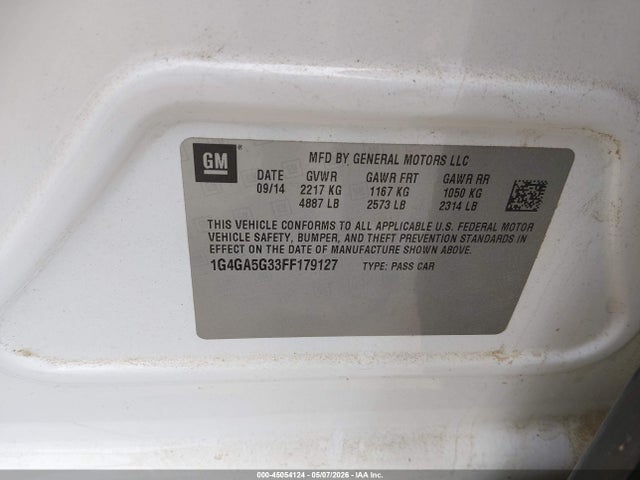 2015 Buick Lacrosse მანქანა იყიდება აუქციონზე, vin: 1G4GA5G33FF179127, აუქციონის ნომერი: 45054124