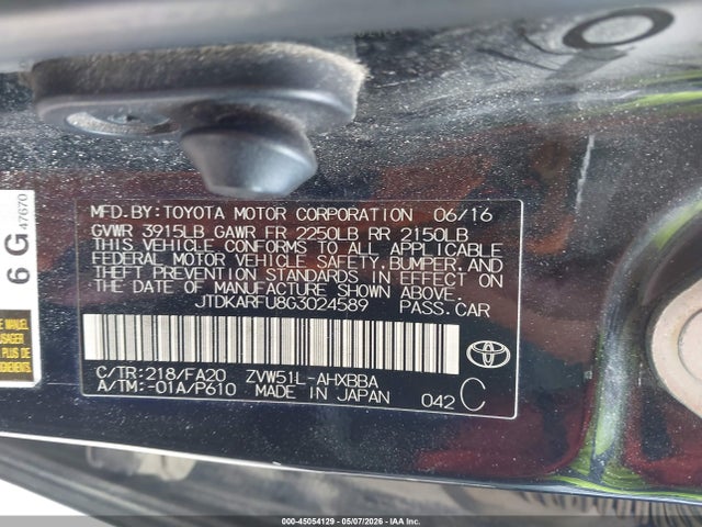 45054129 :رقم المزاد ، JTDKARFU8G3024589 vin ، 2016 Toyota Prius Two Eco مزاد بيع