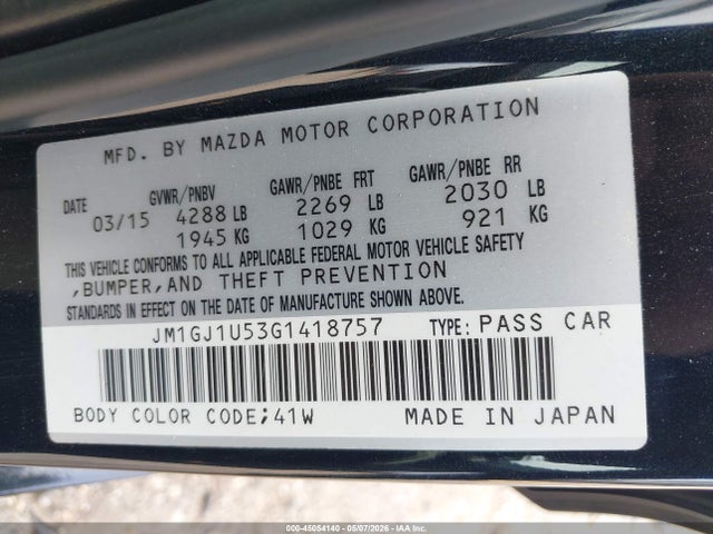 45054140 :رقم المزاد ، JM1GJ1U53G1418757 vin ، 2016 Mazda Mazda6 I Sport مزاد بيع