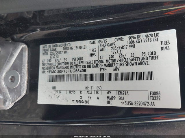 2015 Ford Escape S მანქანა იყიდება აუქციონზე, vin: 1FMCU0F73FUC55406, აუქციონის ნომერი: 45054147