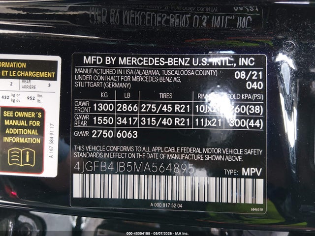 Aukcja sprzedaży 2021 Mercedes-benz Gle 350, vin: 4JGFB4JB5MA564895, numer aukcji: 45054155