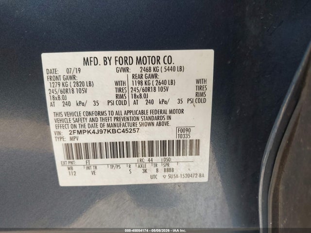 45054174 :رقم المزاد ، 2FMPK4J97KBC45257 vin ، 2019 Ford Edge Sel مزاد بيع