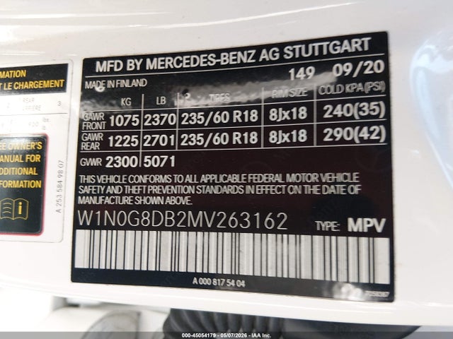 Aukcja sprzedaży 2021 Mercedes-benz Glc 300 Suv, vin: W1N0G8DB2MV263162, numer aukcji: 45054179