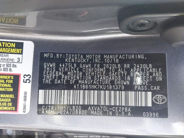 4T1B61HK7KU181379 Toyota CAMRY XSE