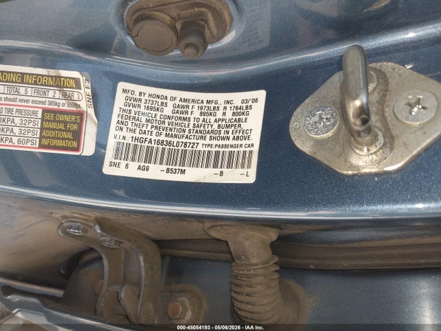 Aukcja sprzedaży 2006 Honda Civic Ex, vin: 1HGFA16836L078727, numer aukcji: 45054193