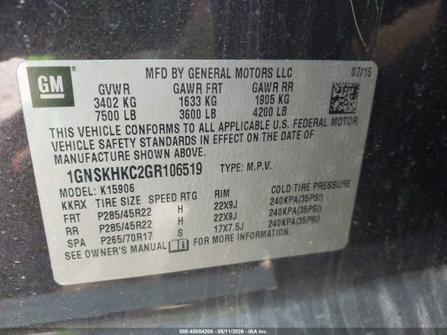 Продаж на аукціоні авто 2016 Chevrolet Suburban Lt, vin: 1GNSKHKC2GR106519, номер лоту: 45054208