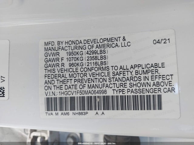 1HGCV1F50MA064998 Honda Accord Ex-l