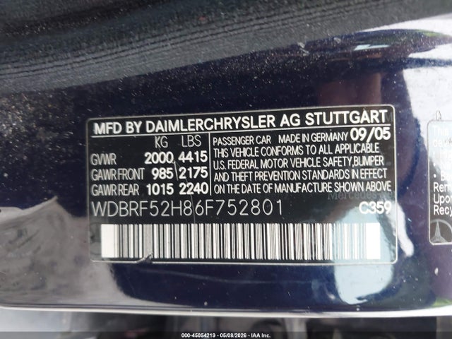 45054219 :رقم المزاد ، WDBRF52H86F752801 vin ، 2006 Mercedes-benz C-class Sport مزاد بيع
