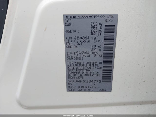 45054229 :رقم المزاد ، 5N1AL0MN4DC334775 vin ، 2013 Infiniti Jx35 مزاد بيع