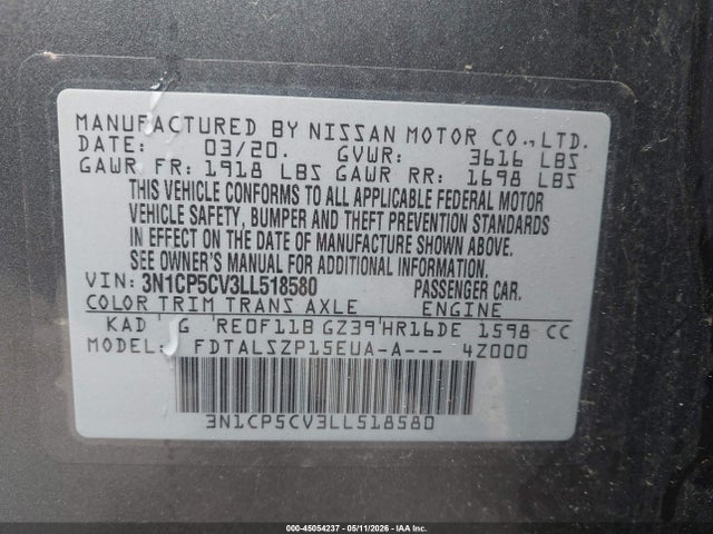 Продаж на аукціоні авто 2020 Nissan Kicks Sv Xtronic Cvt, vin: 3N1CP5CV3LL518580, номер лоту: 45054237