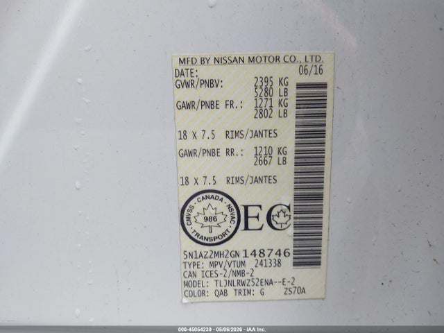 2016 Nissan Murano Platinum/s/sl/sv მანქანა იყიდება აუქციონზე, vin: 5N1AZ2MH2GN148746, აუქციონის ნომერი: 45054239